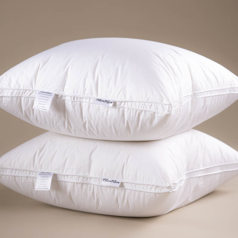 A pair of full plump Siberian Goose Down Pillows, stacked with a neutral background
