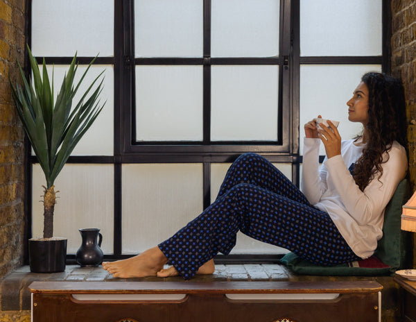 Women's Long Sleeve Pima Cotton Pyjama Set – Blue & White